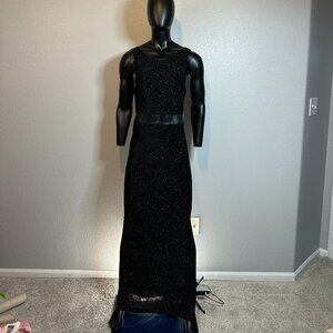 All That Jazz Black Sleeveless Evening Gown Medium Mesh Midriff Glitter Floor Le